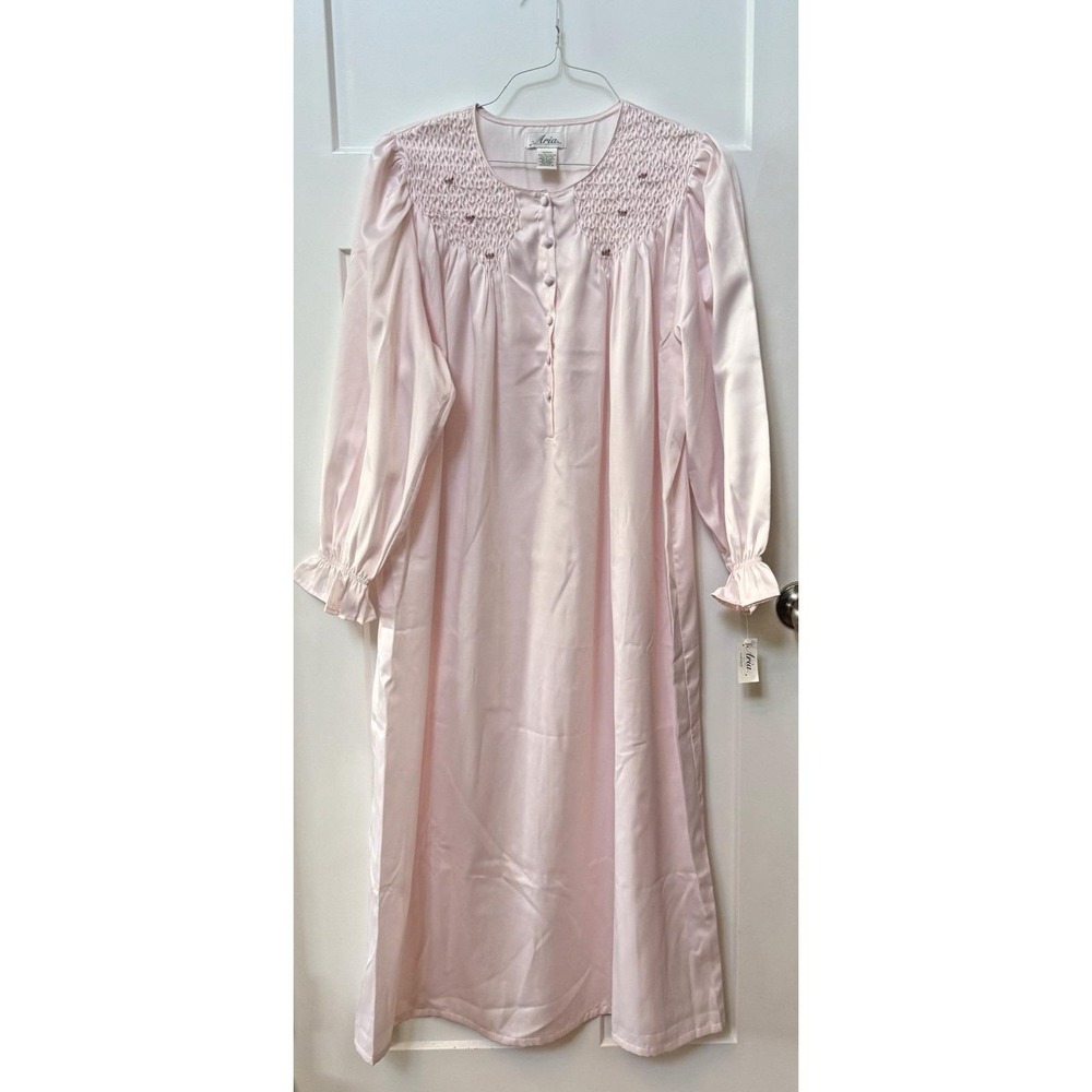 Vintage 1980s Aria Nightgown Medium Pink Satin Smocked Roses NOS Long Sleeve